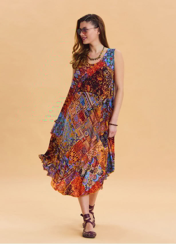 Boat Neck Loose Cut Orange Casual Dress 4665